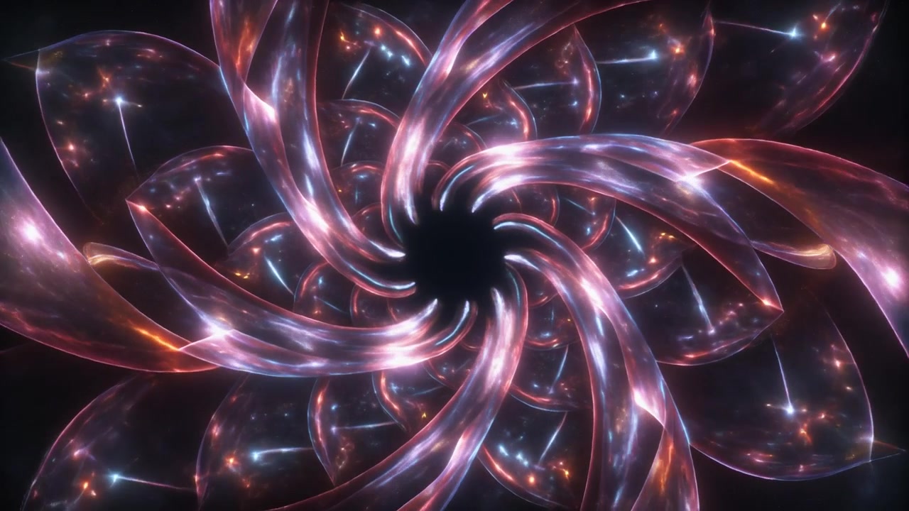 Tunnel astratto rotante di petali di vetro con effetti di luce luminosi.