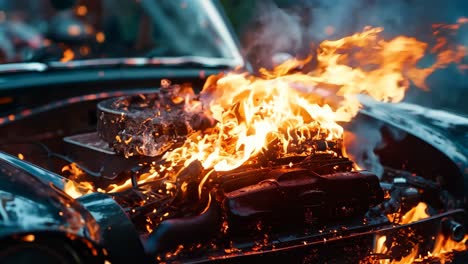 un coche en llamas con el capó abierto y el motor en llamas