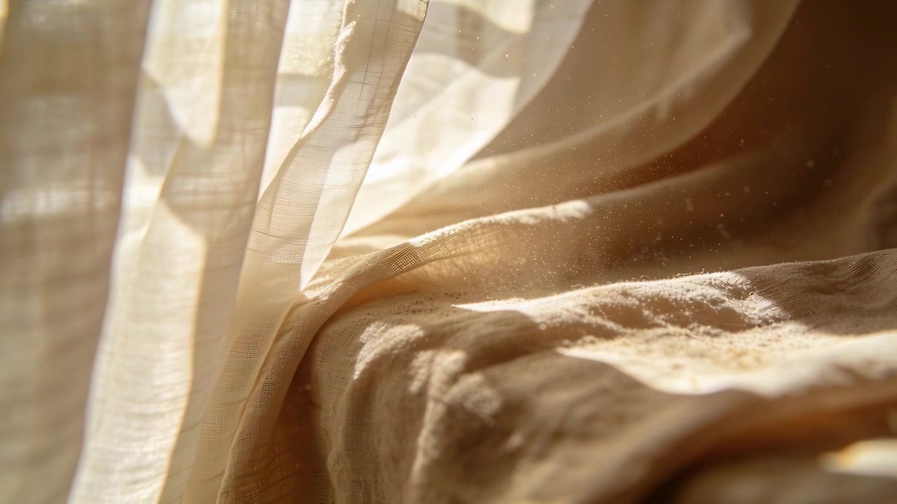 Billowing sheer curtain and folded linen shifting by breeze at window corner, scattering dust motes