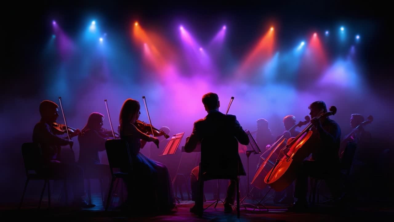 Performance orquestral encantadora sob luzes de palco vibrantes com melodias musicais exuberantes, cativando a plateia em uma atmosfera mágica de elegância e arte.
