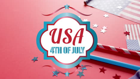 animación del 4 de julio texto sobre las banderas de los estados unidos de américa sobre fondo rojo