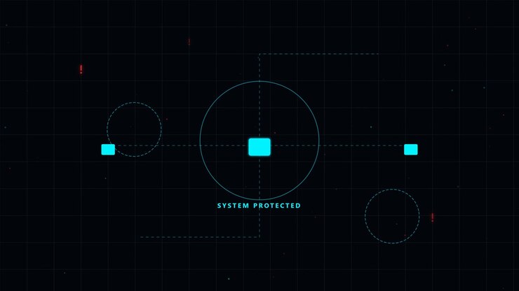 Antarmuka Digital Menampilkan Status Sistem Terlindungi dengan Grafis Geometris Abstrak