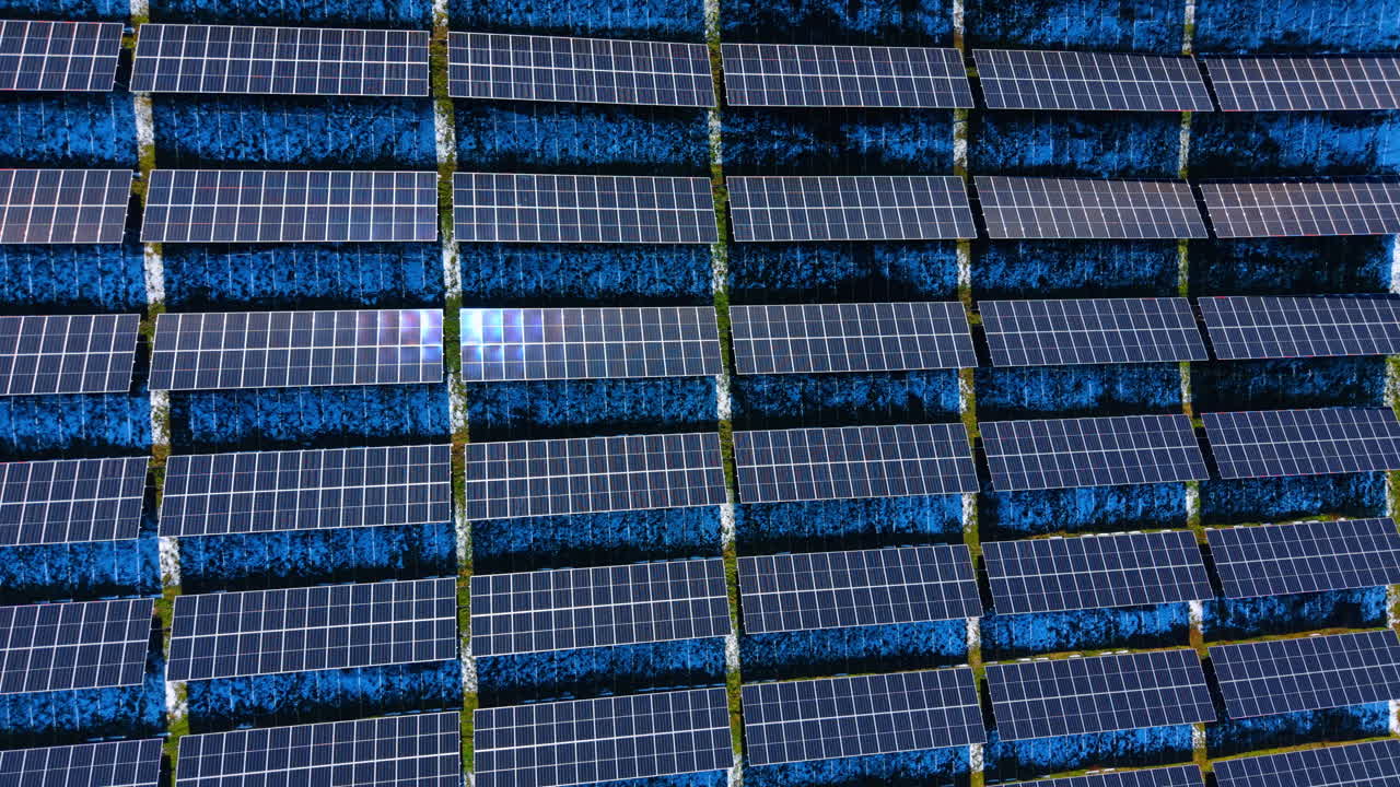 Motivo astratto di pannelli solari in una centrale elettrica. Prospettiva aerea dall'alto che crea un motivo blu ripetitivo di moduli fotovoltaici.
