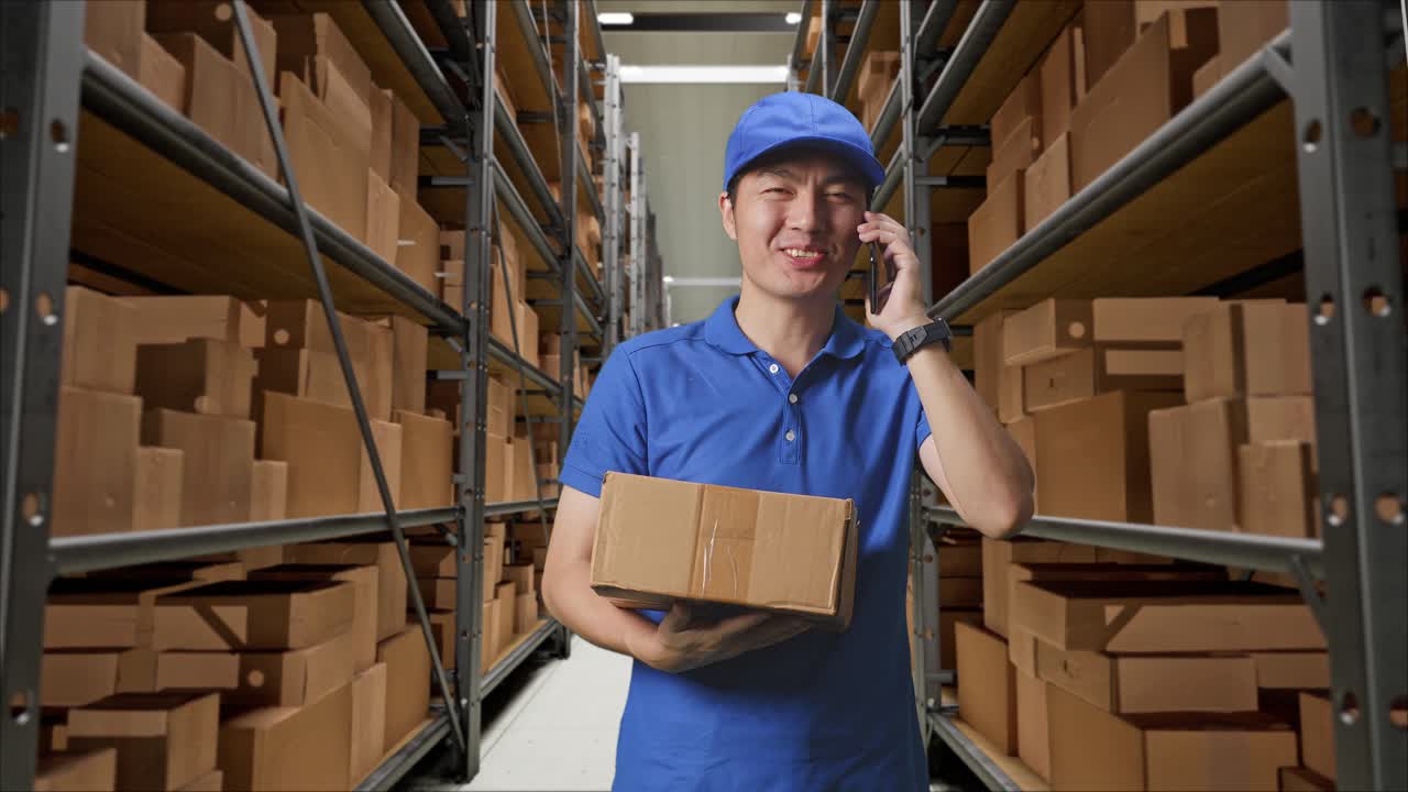 mensajero masculino asiático en uniforme azul hablando en teléfono inteligente mientras entrega un cartón en el almacén