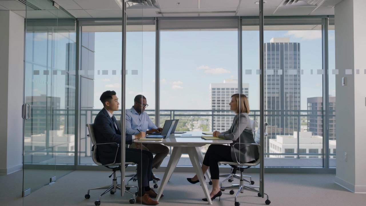 Starting meeting, trio at conference table typing, taking notes, checking files on laptop in suits