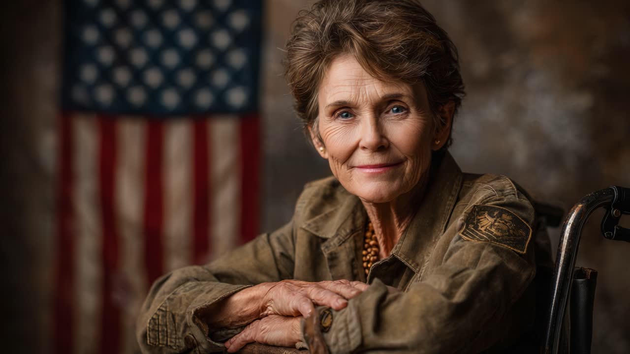 Portrait of Resilience: Capturing the Spirit of an Elderly Woman in Military-Inspired Attire Against a Backdrop of the American Flag