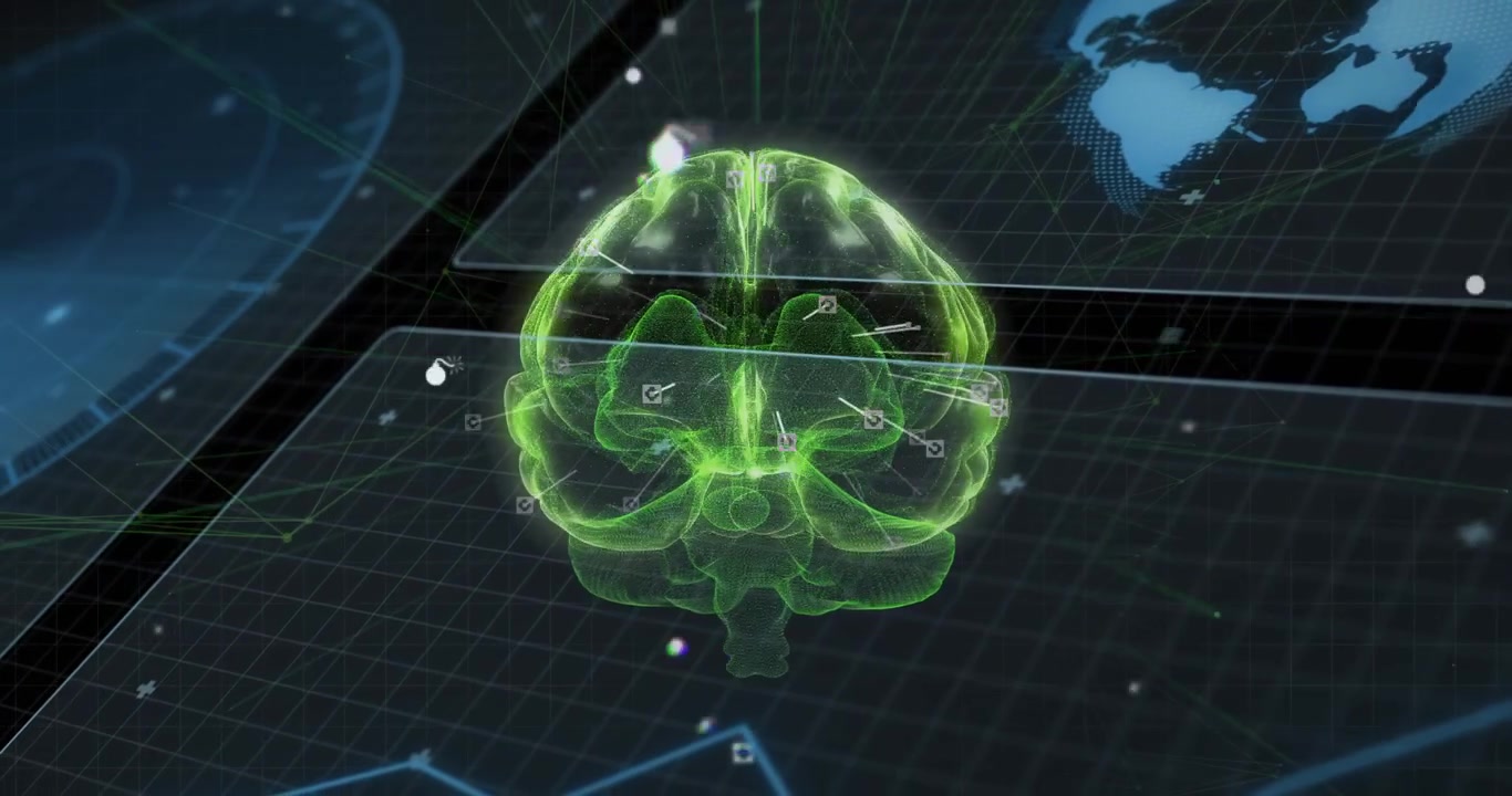 On data analysis start, 3D holographic brain rotating and annotating regions for neural mapping