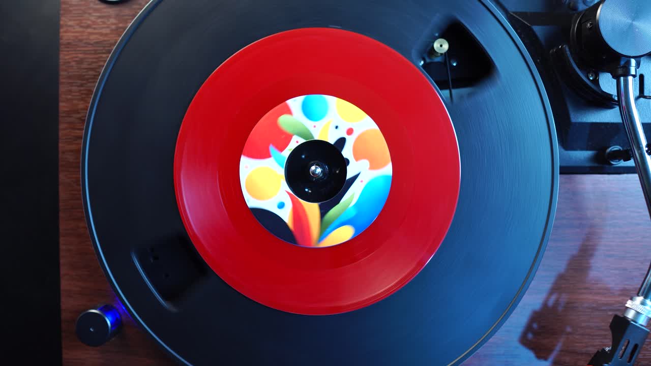 Riproduzione finale di un disco in vinile singolo rosso su giradischi, vista dall'alto