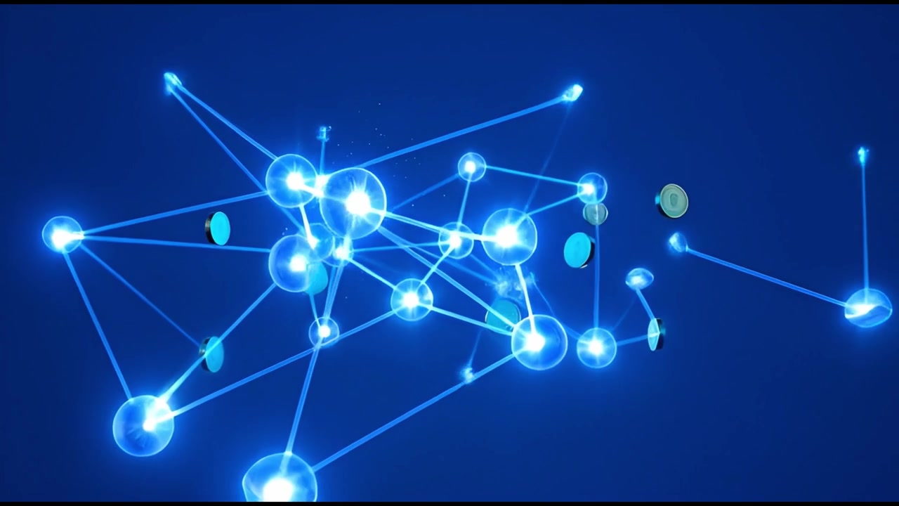 Glowing Digital Network Connections Forming with Cryptocurrency Coins