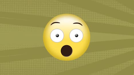 digital animation of surprised face emoji against moving radial rays on green background