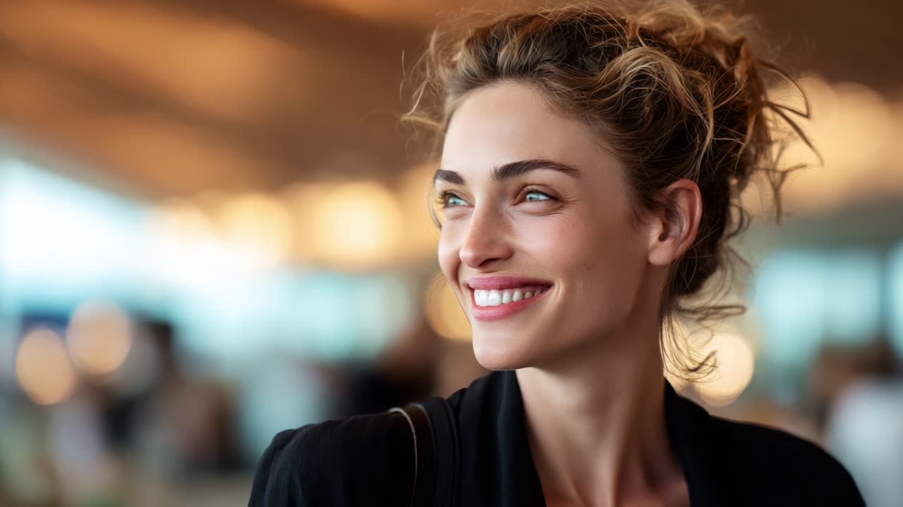Capturing Joy: A Beautiful Woman with Flowing Hair Smiling Brightly in a Softly Lit Environment, Exuding Confidence and Warmth in Every Frame of Her Expression