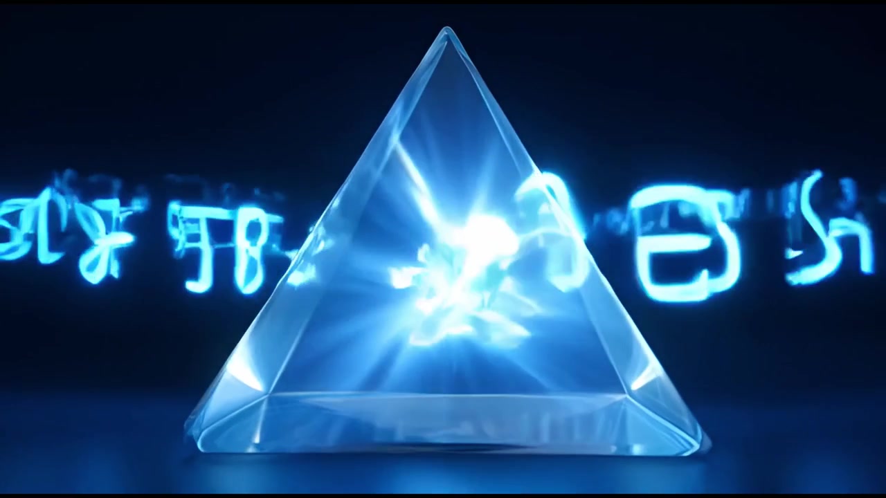 Piramide di vetro futuristica con energia blu luminosa e simboli astratti
