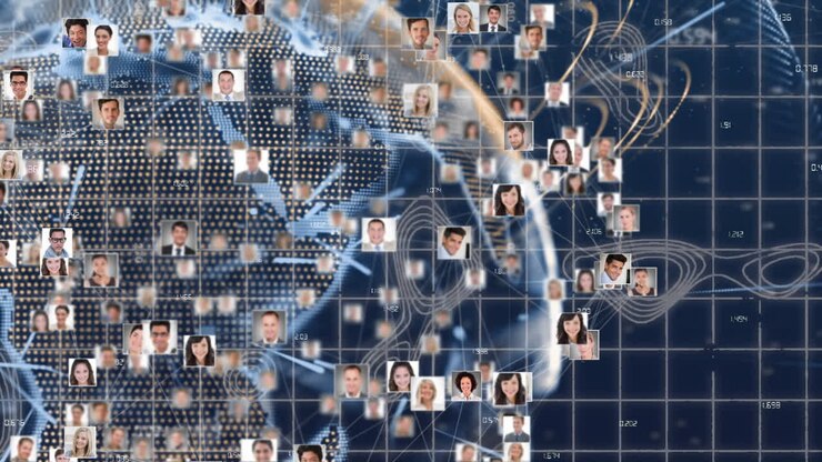 Global network of connections and data processing animation over diverse people''s portraits