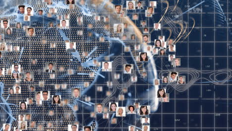 global network of connections and data processing animation over diverse people''s portraits