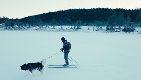 Un-Hombre-Esquía-Con-Su-Malamute-De-Alaska-En-Un-Paisaje-Nevado---Toma-De-Seguimiento