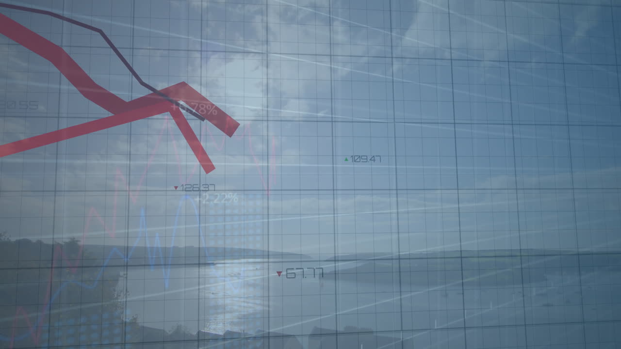 Animation of financial data processing over red lines and landscape