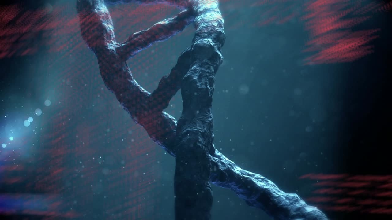 Animace zpracování dat na pozadí rotující 3D DNA spirály