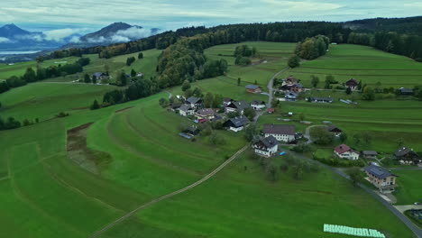 tranquil rural village with green fields, houses, and winding roads, set against a backdrop of distant mountains