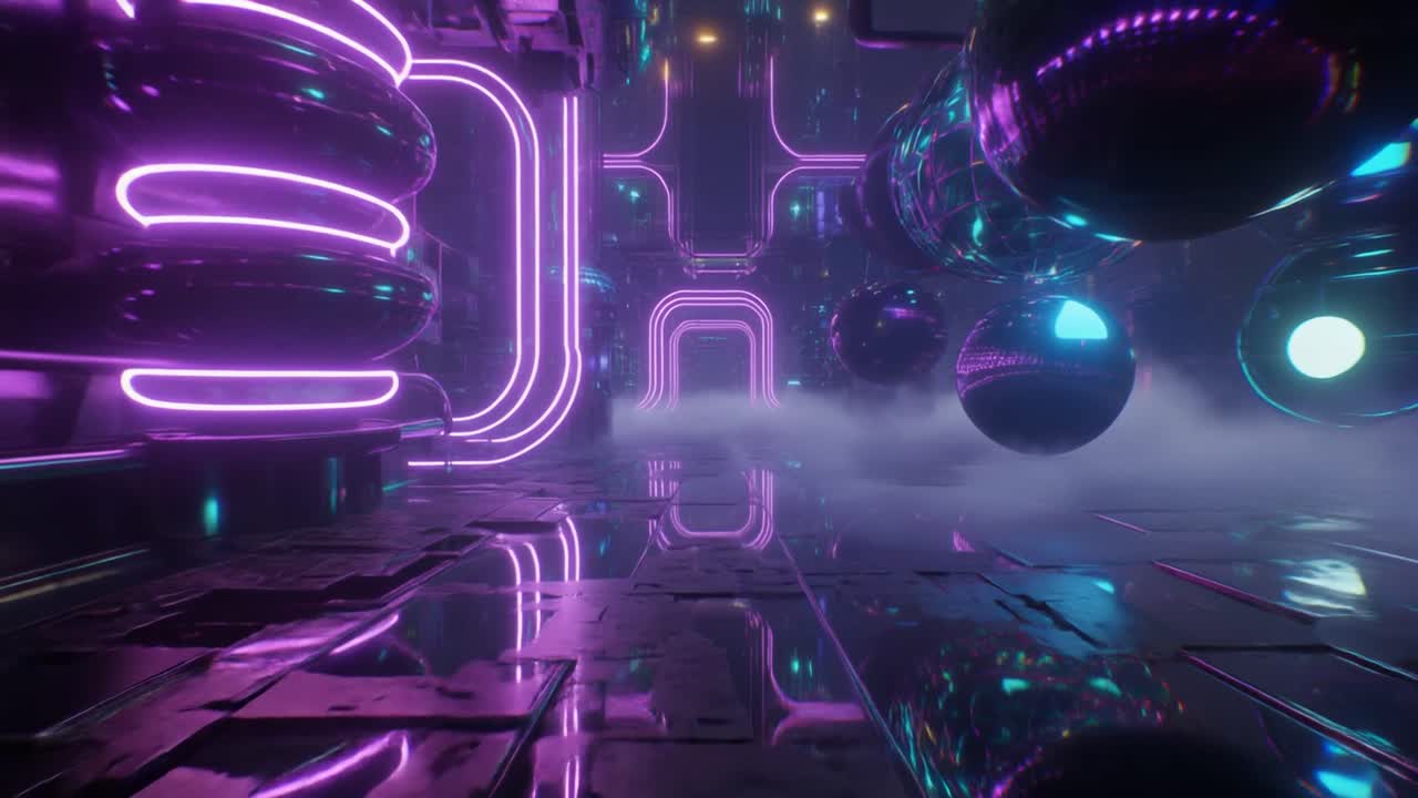 Bewegung durch einen futuristischen Neonkorridor mit leuchtenden Kugeln