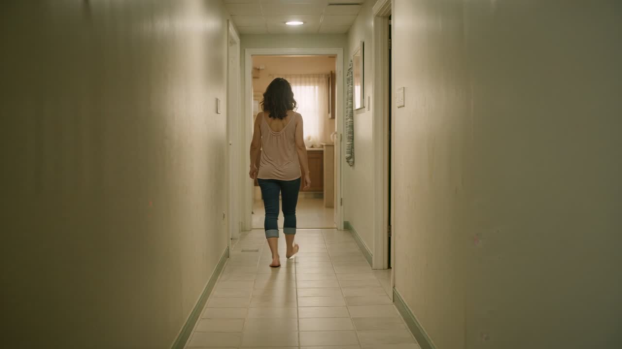 Una donna che cammina con un top rosa e jeans lungo un corridoio residenziale verso una tenda, attratta dalla luce.