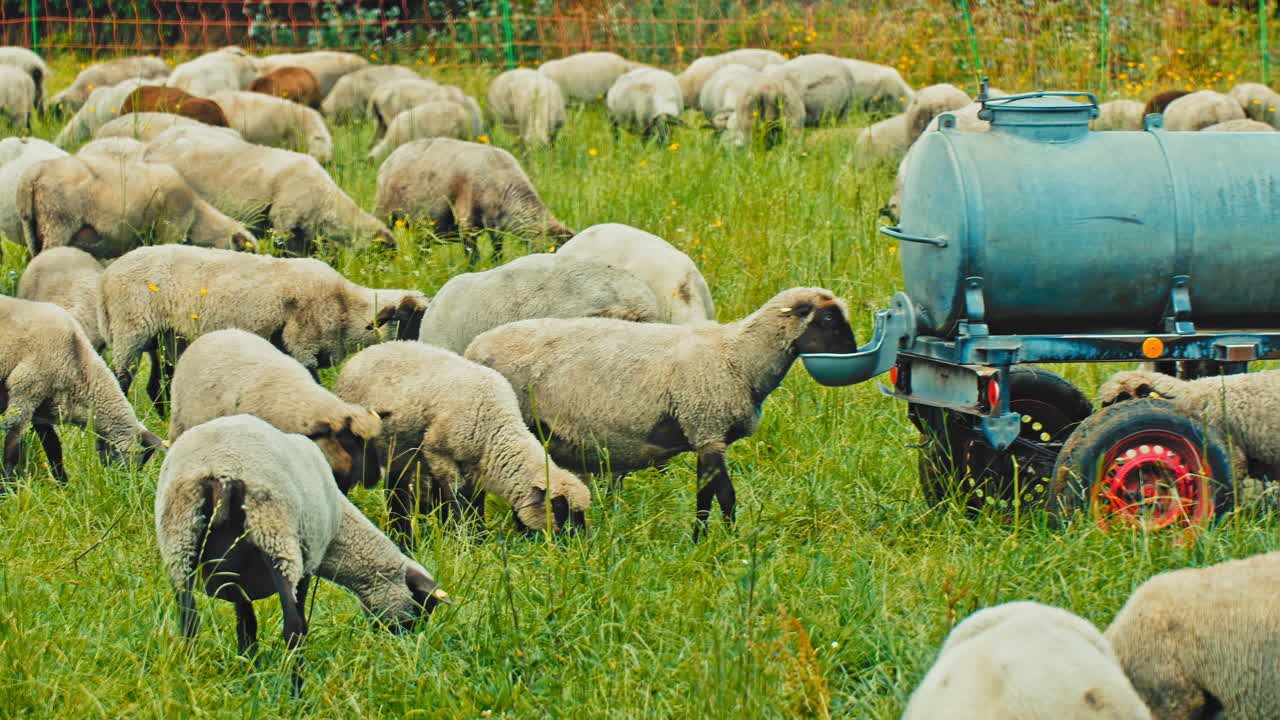 A flock of sheep peacefully munching on verdant pastures. Ideal for agricultural, environmental, or travel-related productions