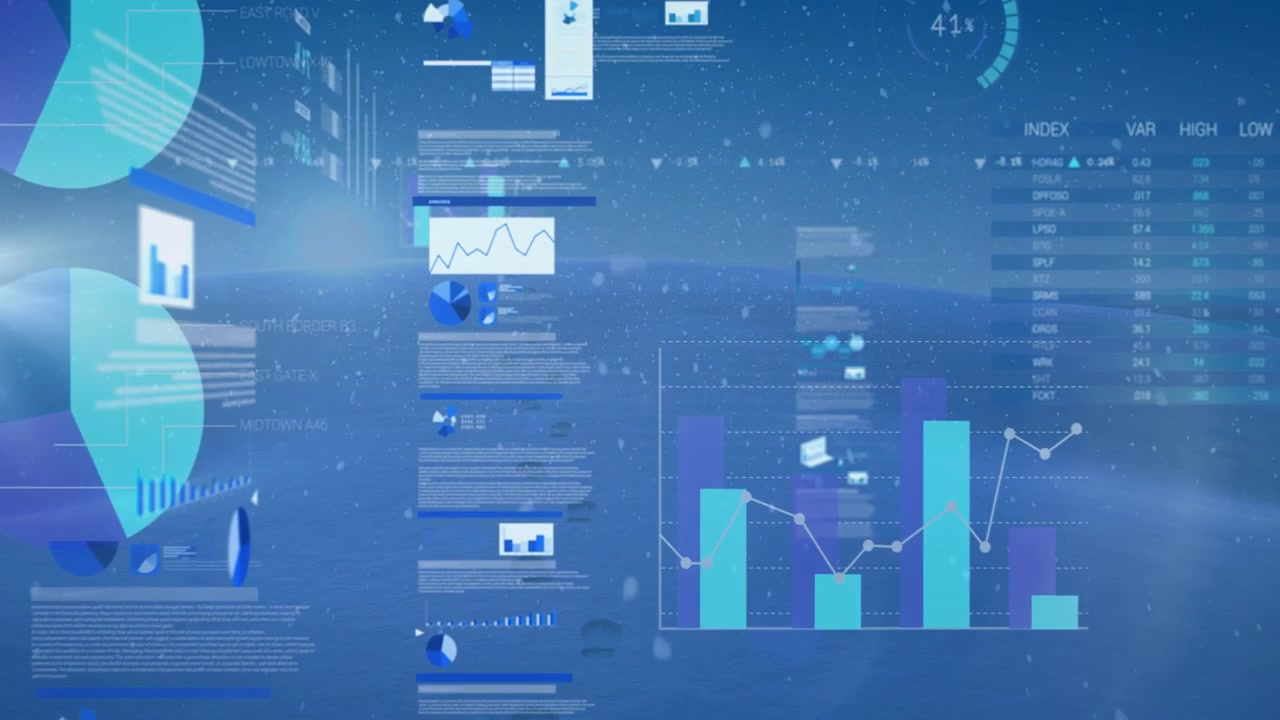 Camera panning, data updating, panels sliding, bars growing, charts simplifying finance dashboard