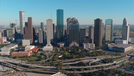 drone view of skyscrapers in the downtown houston area