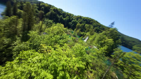 drone flying plitvice lakes national park in croatia. fpv shot