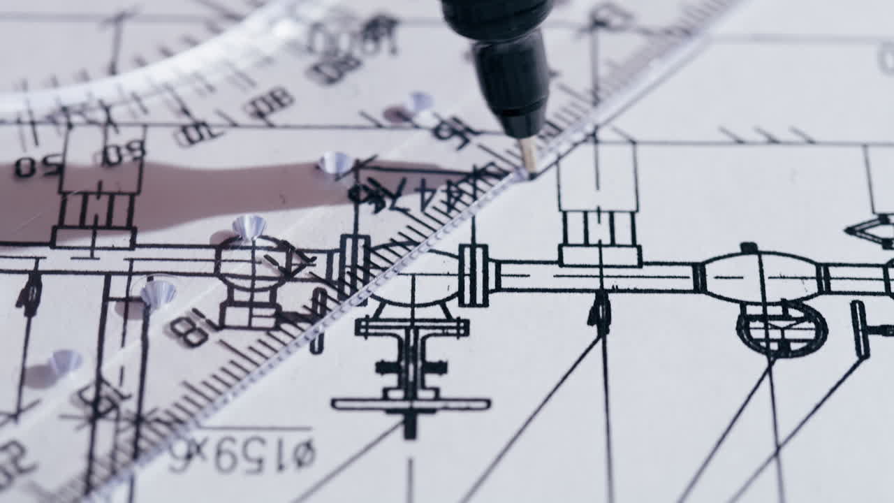 Close-up of engineering or architectural blueprint with drafting tools
