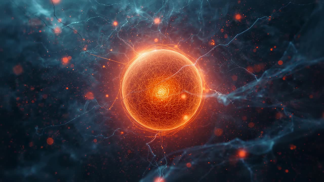 Rhythmic pulsing orange mesh sphere sending blue filaments into cosmic clouds, showing energy core