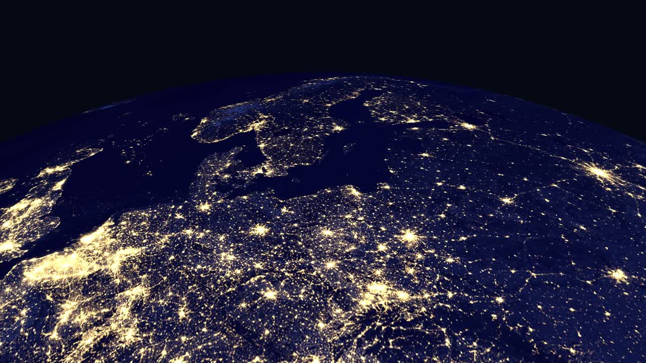 Animazione digitale con zoom dal profondo spazio su una luminosa vista notturna di Copenaghen, Danimarca