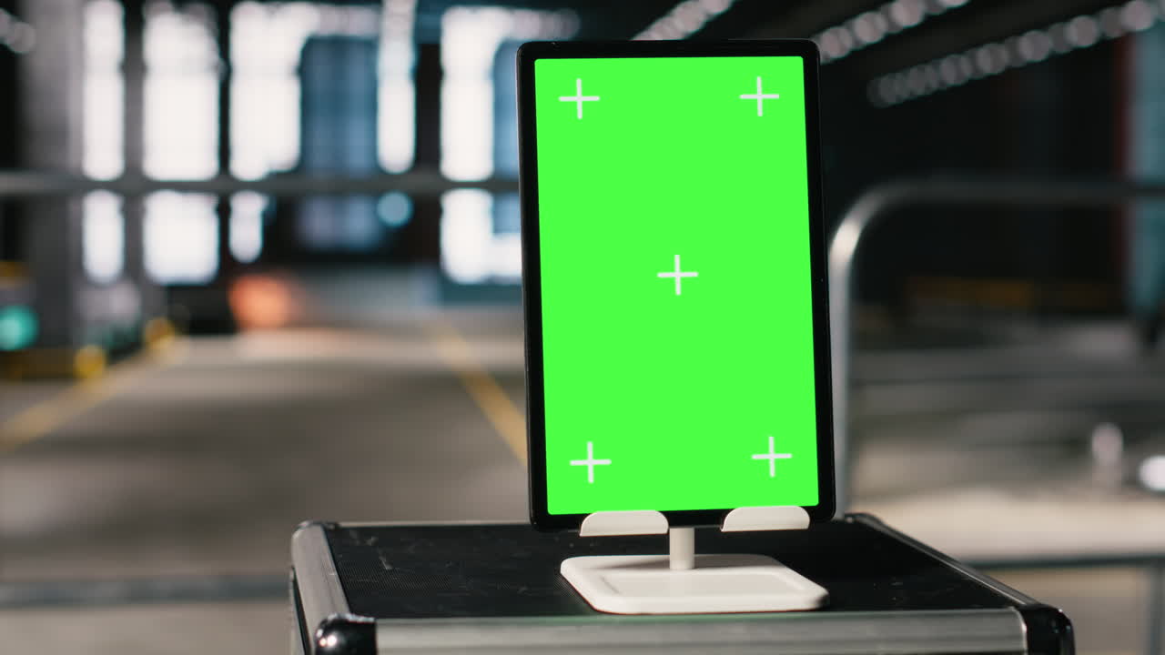 Verticaal groen scherm op tablet in lege industriële fabriek