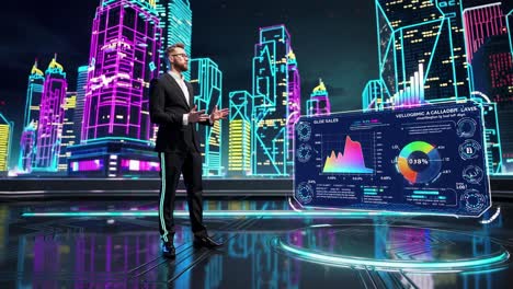 business presentation in a futuristic cityscape