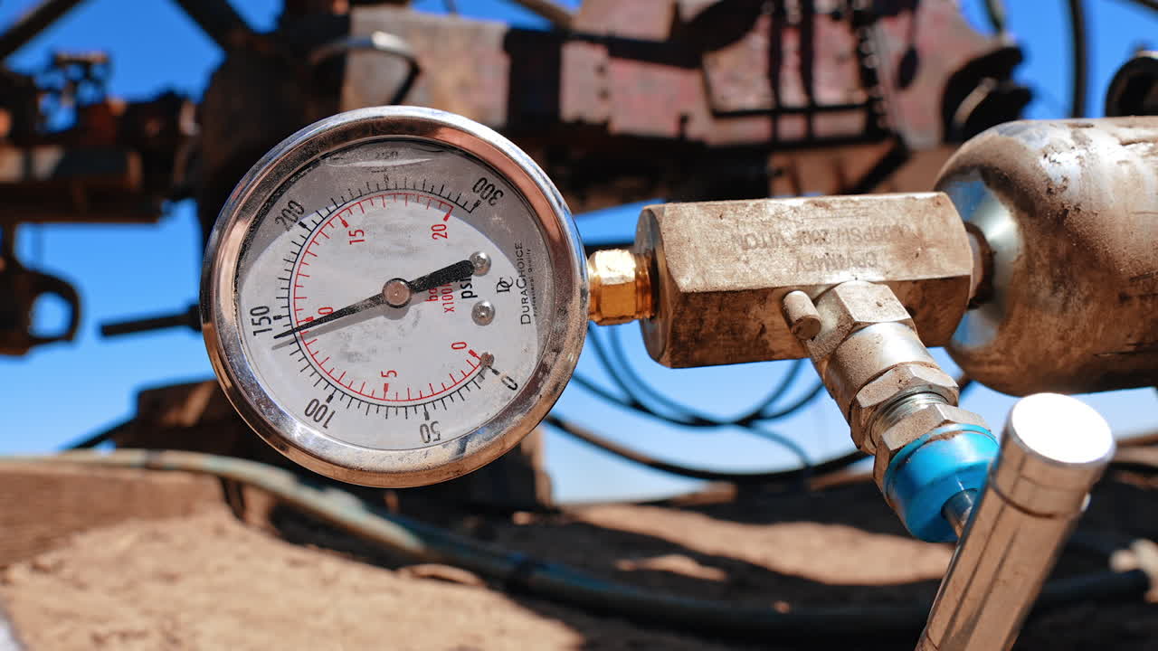 Faucet and monometer attached to the metal cylinder. Drilling equipment at oil industry site. Close up.
