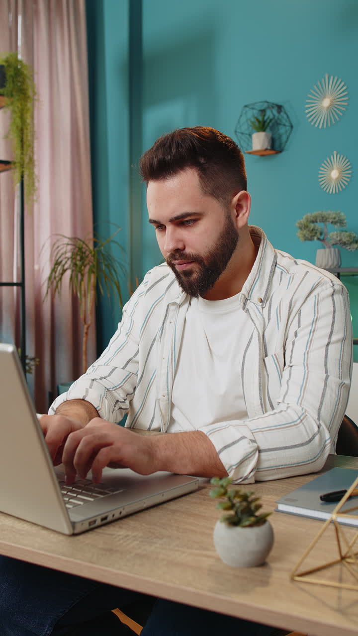Freelancer business man prepares startup project for presentation finds idea using laptop at home