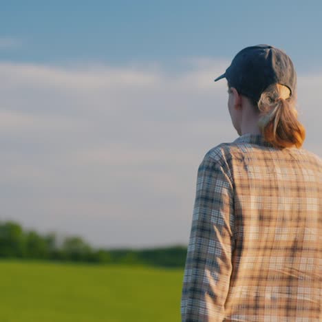 rear view of a female farmer walking among wheat fields on a clear summer day