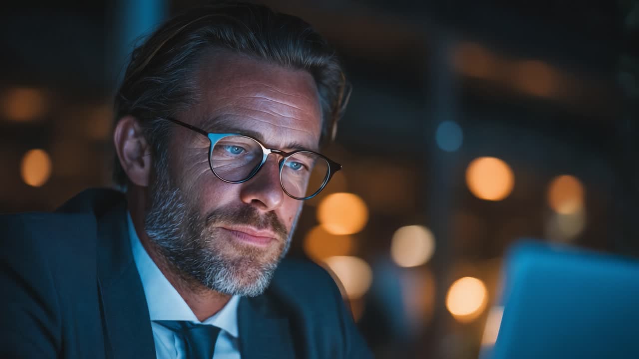 Engageret forretningsmand analyserer vigtig information på bærbar computer i et svagt oplyst miljø med varm stemningsbelysning.