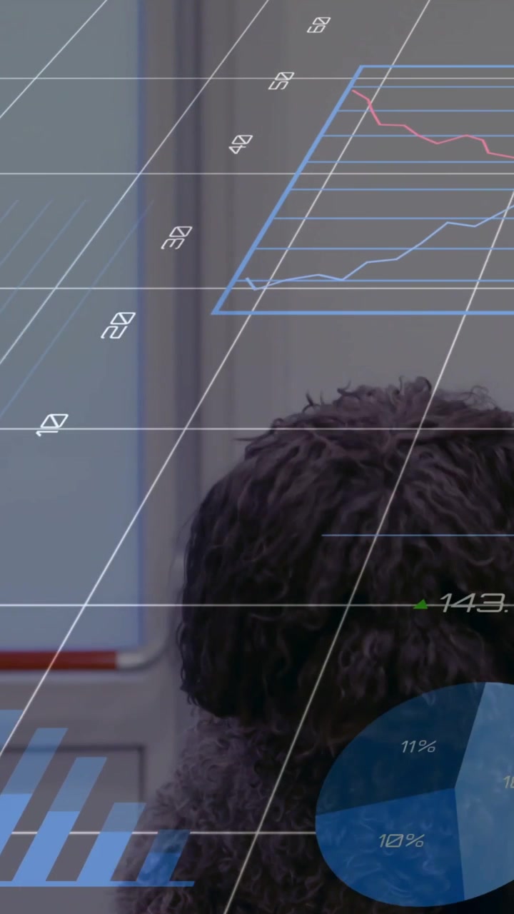 Vertical video: Dark curly dog sitting as data grid appearing for demo, hand petting, charts moving