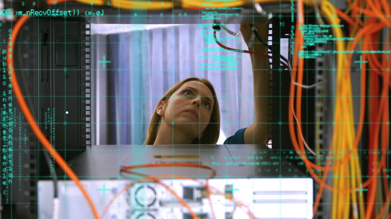 Animation of data processing over caucasian woman in server room