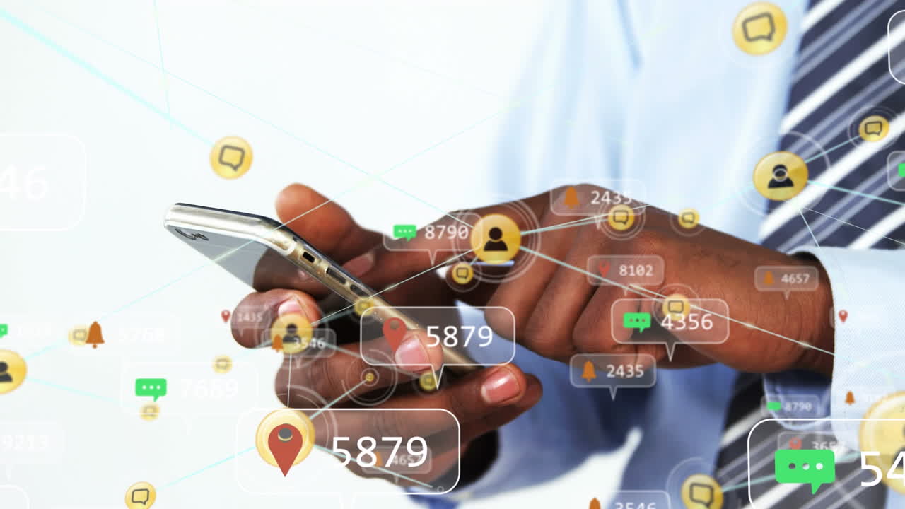 animazione di icone dei social media e rete di connessioni sull'uomo utilizzando smartphone
