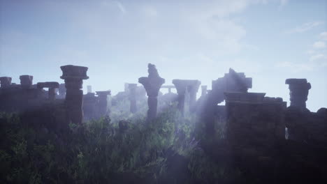 mysterious ancient ruins in fog