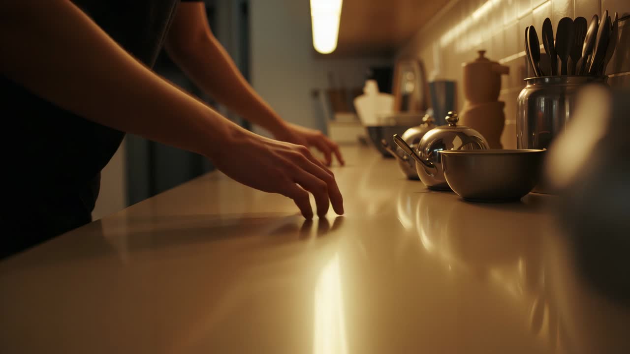 Mani e braccia con una maglietta scura che toccano il bancone della cucina, scivolando e controllando la superficie e gli utensili, con spazio di copia