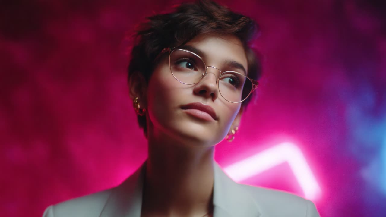 Captivating Portrait of a Contemporary Young Woman with Short Hair and Glasses, Set Against a Vibrant Neon Background of Pink and Blue Hues