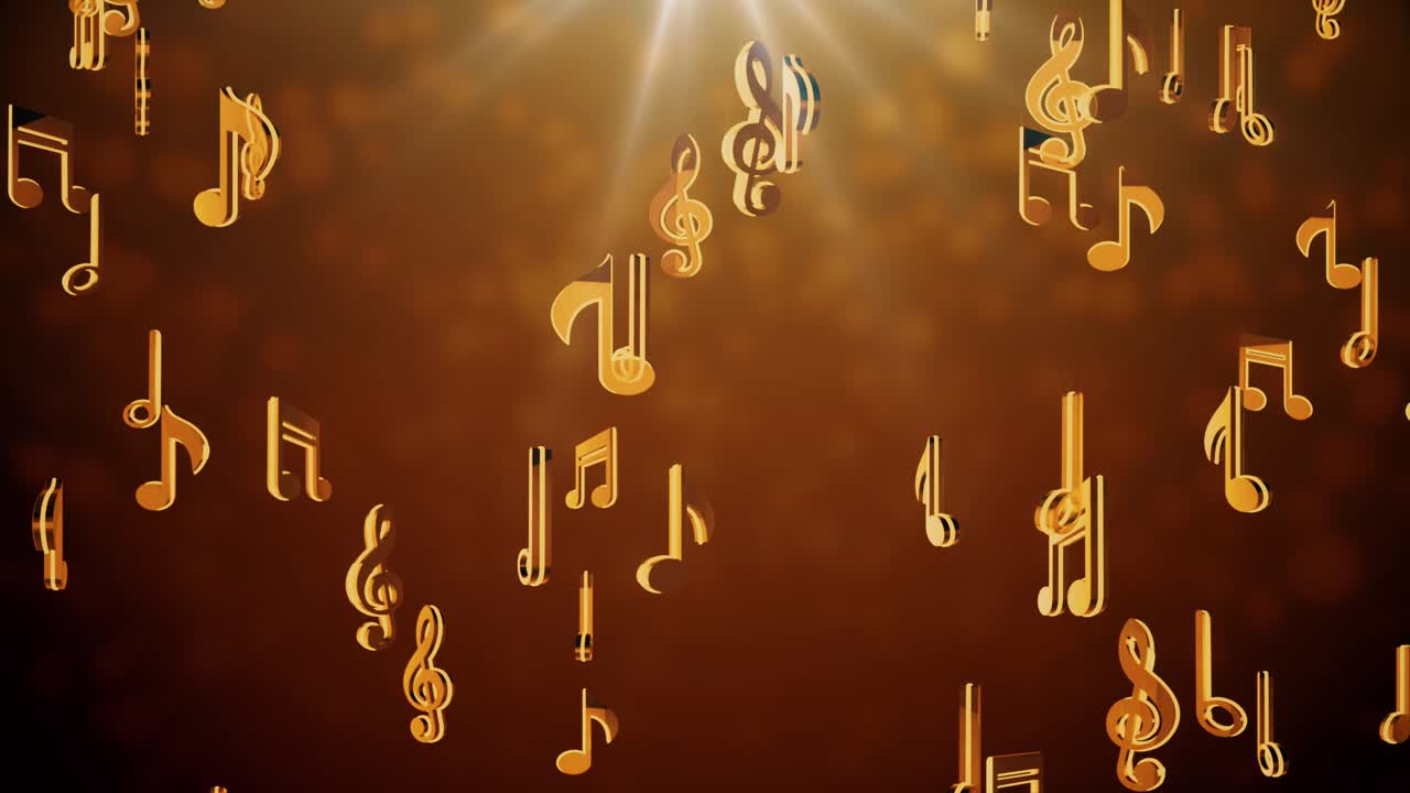 3d music notes flowing simulation falling on golden green screen event concert title festival music