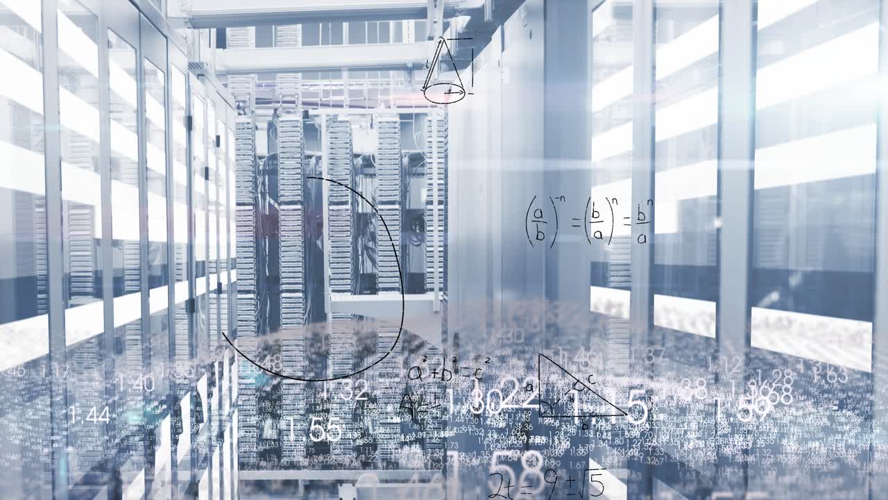 コンピュータサーバールーム上で展開される数式のアニメーション、データ処理、光の軌跡。
