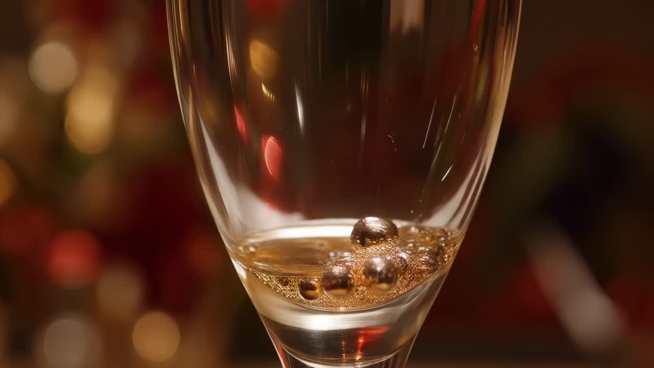 Versare champagne limpido da una bottiglia in un flute sul tavolo di un bar, creando bollicine per festeggiare