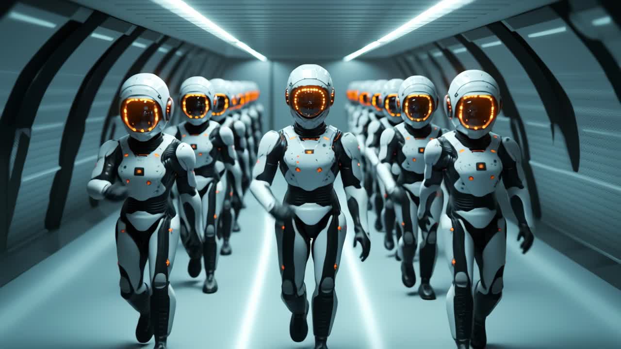Robots march in a sleek hall. Rows of humanoid robots in sleek suits march down a futuristic corridor with bright lights illuminating the way.