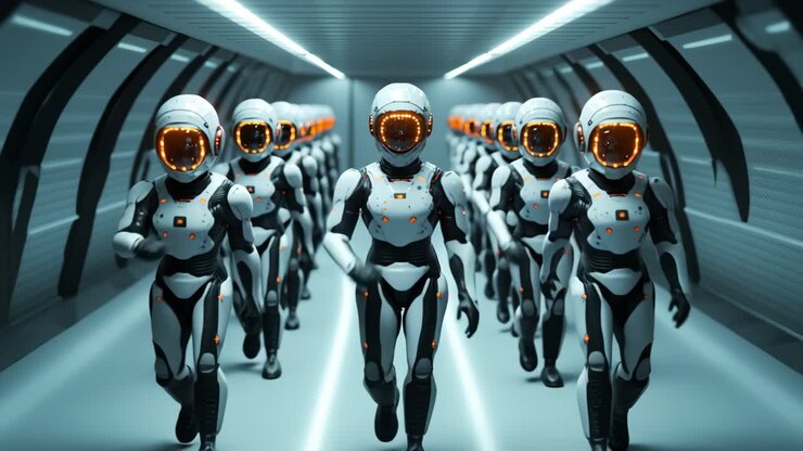 Robots march in a sleek hall. Rows of humanoid robots in sleek suits march down a futuristic corridor with bright lights illuminating the way.