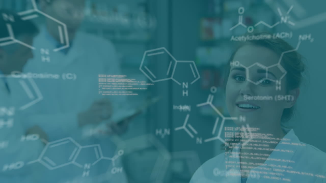 animación del procesamiento de datos y la fórmula química en diversos científicos