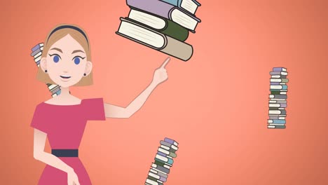 animación de una mujer hablando sobre iconos de libros